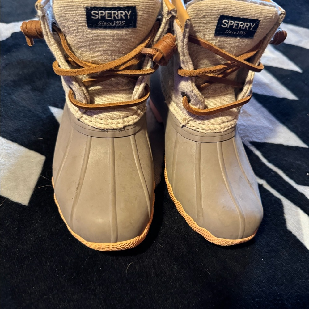Sperry Duck Boots in Gray and Tan with coral bottom